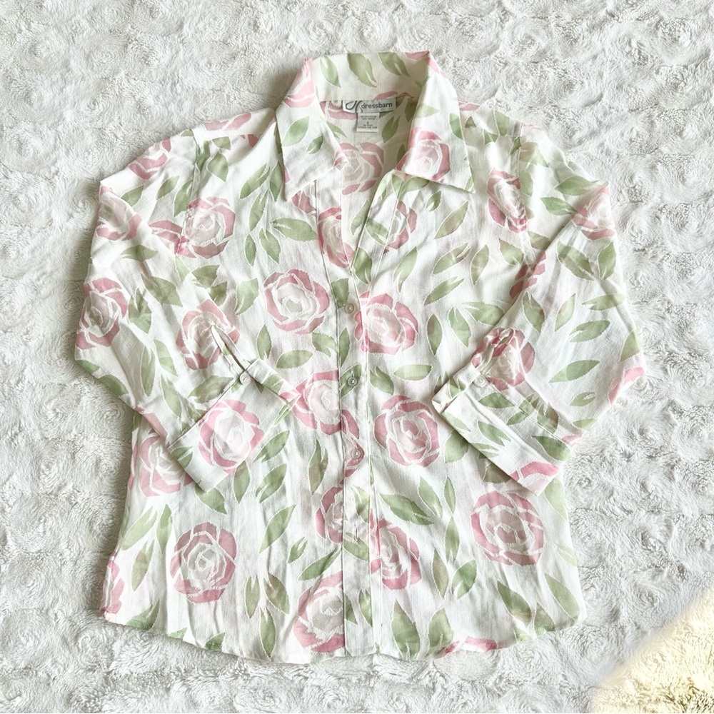 Vintage Dressbarn Shirt Blouse Womens Small White Pink Floral Fairy Sheer READ
